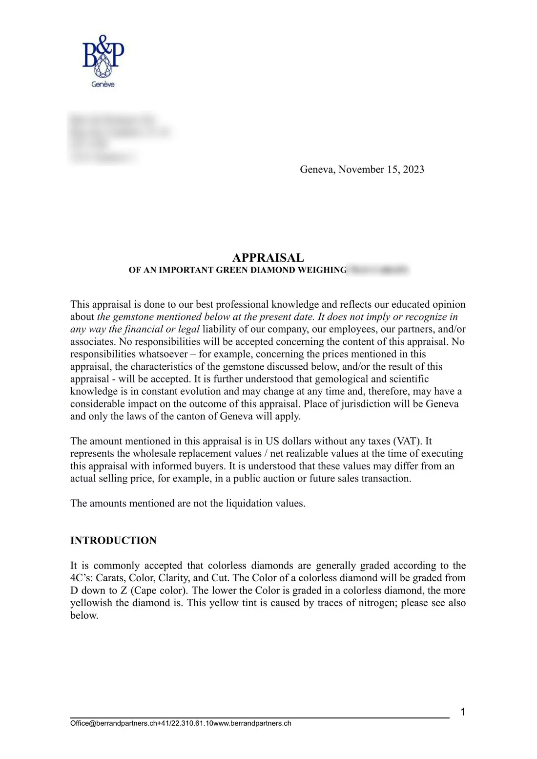 Première page d'une expertise Berr & Partners d'un important diamant vert, adresse et poids floutés