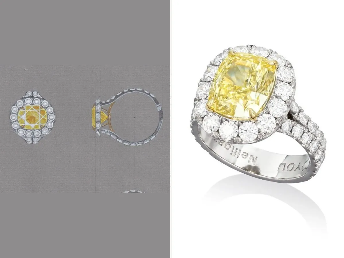 Handgemalte Zeichnung eines Rings mit gelbem Diamanten neben dem fertigen Ring